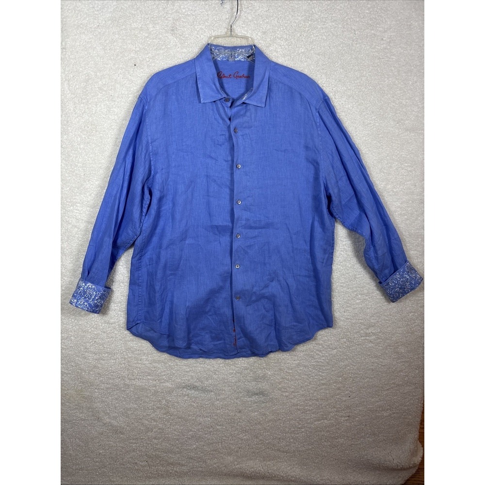 Robert Graham 100% Linen Button Down Shirt Mens L Blue Paisley Flip Cuffs